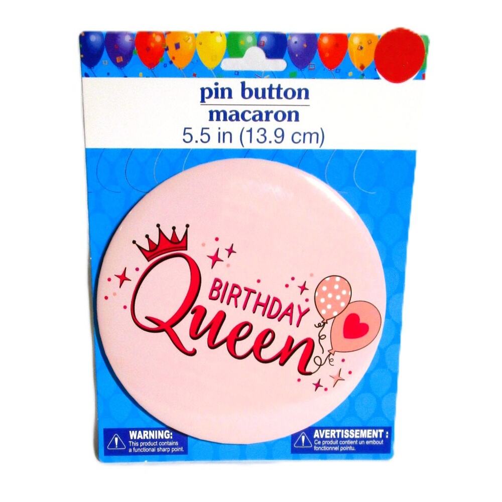 Greenbrier Birthday Queen Pin Button Round Pink and Red Tinplate 5.5 Inches